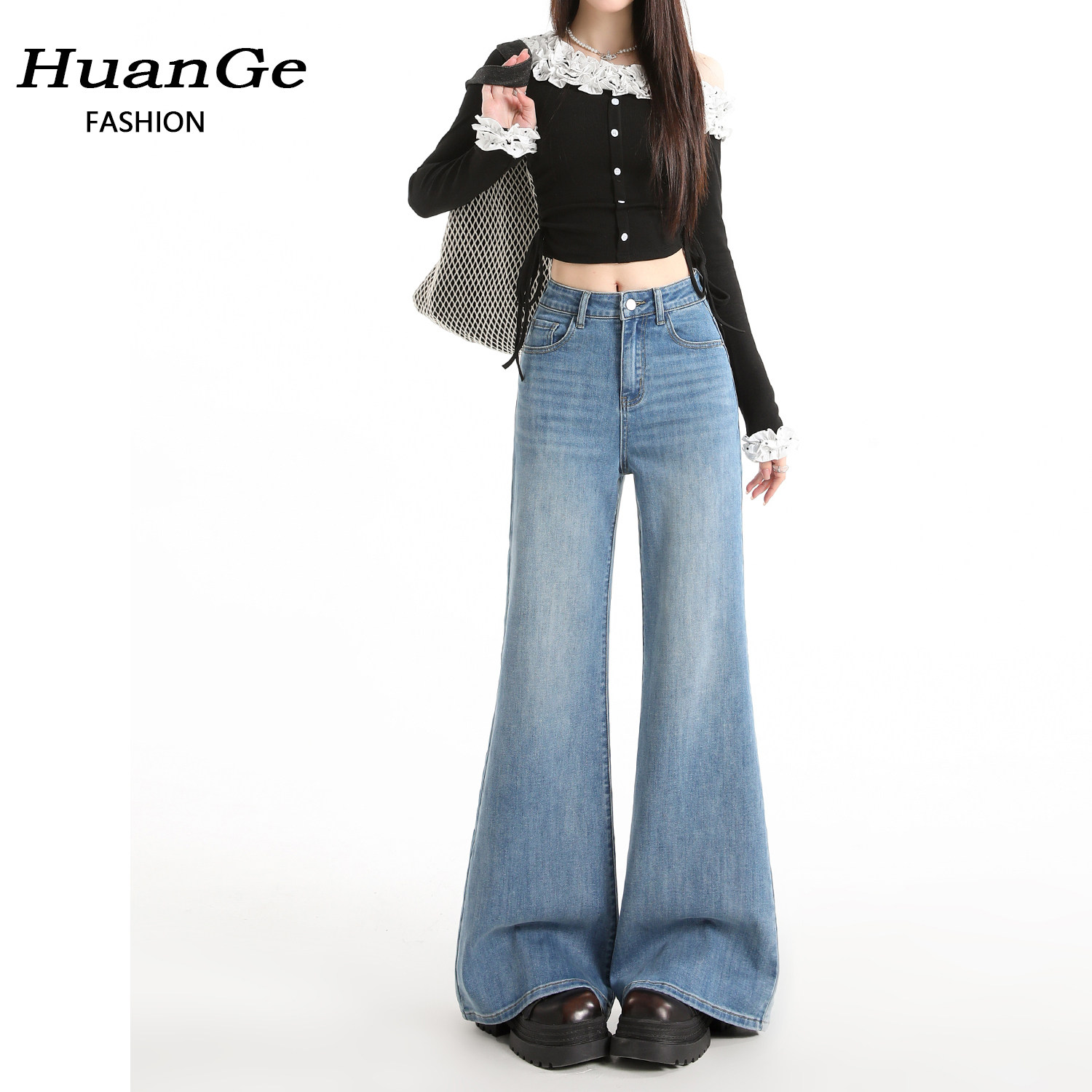 浅蓝色高腰微喇牛仔裤女春季2026新款宽松不贴腿垂感款式喇叭裤子