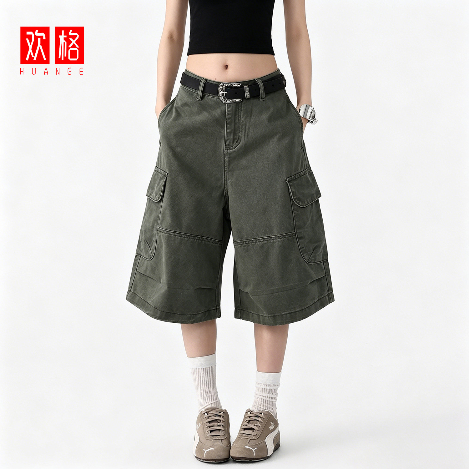 军绿色多口袋工装风七分裤女牛仔短裤夏季新款低腰宽松休闲阔腿裤
