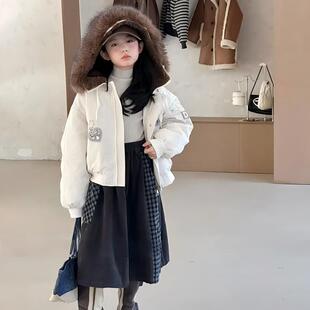 DC羽绒服秋冬季 女童白色大毛领羽绒服 新款