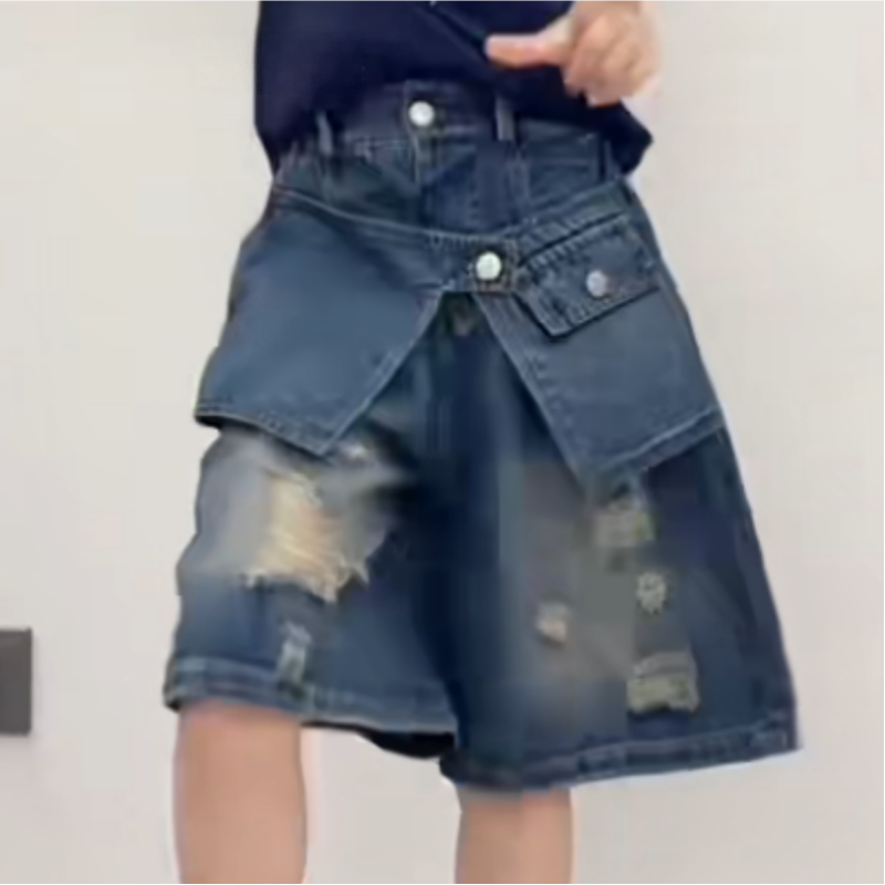 夏季儿童男女童高级纯色破洞屁帘牛仔女童中裤6218
