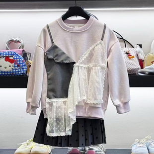 DC2025新款儿童装男女童秋冬拼蕾丝卫衣3683