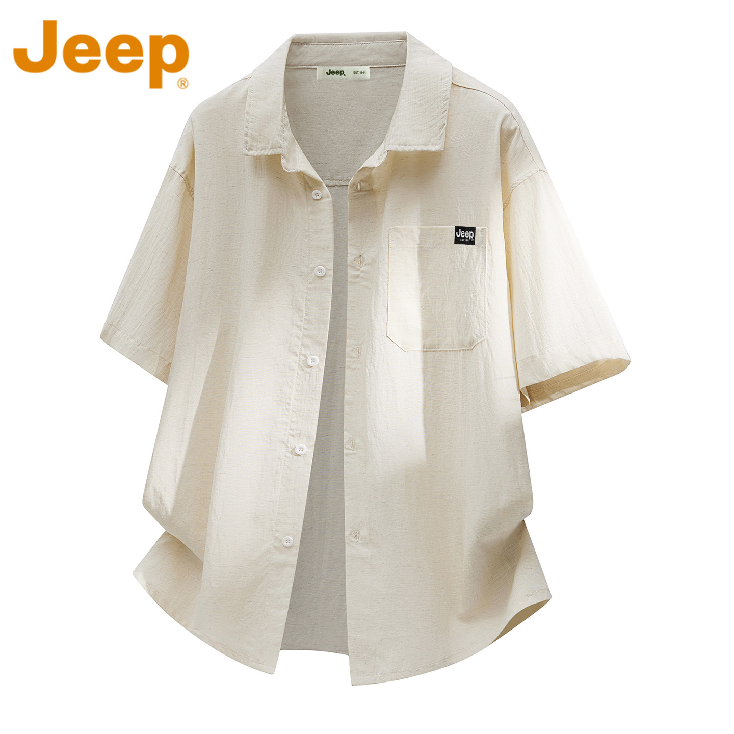 【莱赛尔天丝】JEEP吉普亚麻短袖衬衫男款夏季简约宽松休闲上衣服