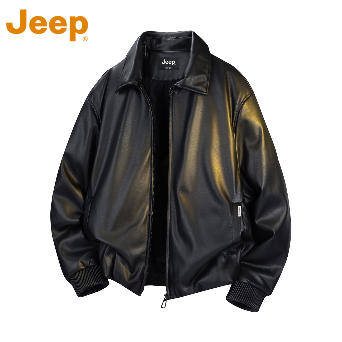 JEEP吉普机车风翻领皮衣羽绒服男款冬季2025新款黑色加厚保暖外套