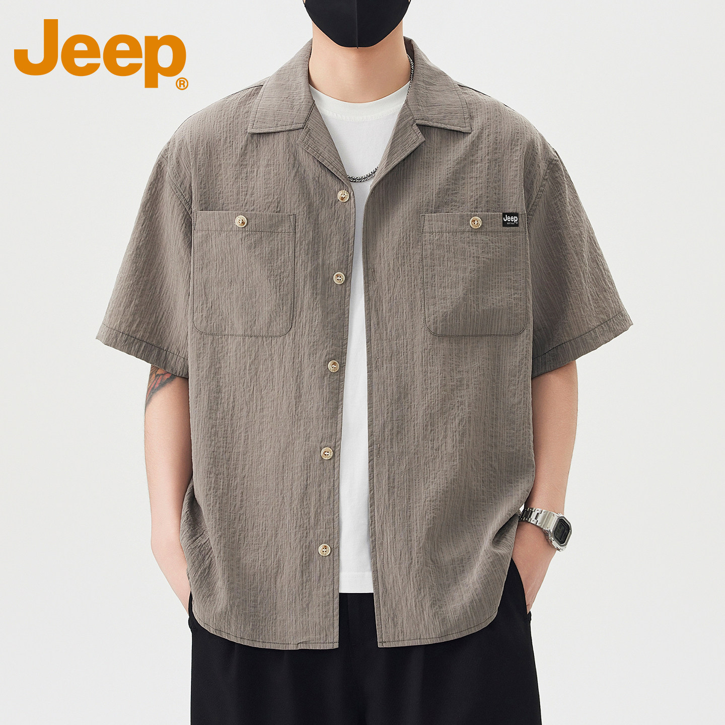 JEEP吉普冰丝凉感短袖衬衫男款夏季新款美式潮牌宽松半袖工装衬衣