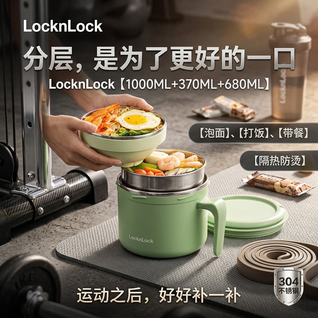 乐扣乐扣泡面碗不锈钢饭缸把手食堂手柄学生保温饭盒专用饭碗带打