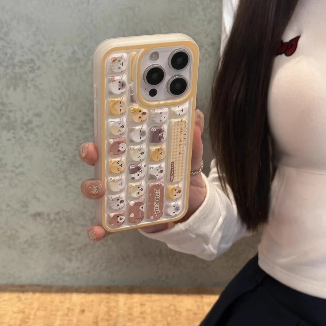 满屏可爱猫咪表情适用iPhone16立体键盘手机壳苹果15promax小众14plus少女心13Pro卡通可爱12防摔11保护套软