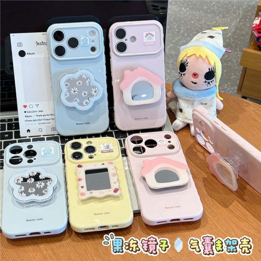 韩系立体镜子支架手机壳适用iPhone17promax高级感适用小米17promax可爱适用vivos60卡通适用oppoReno16软壳