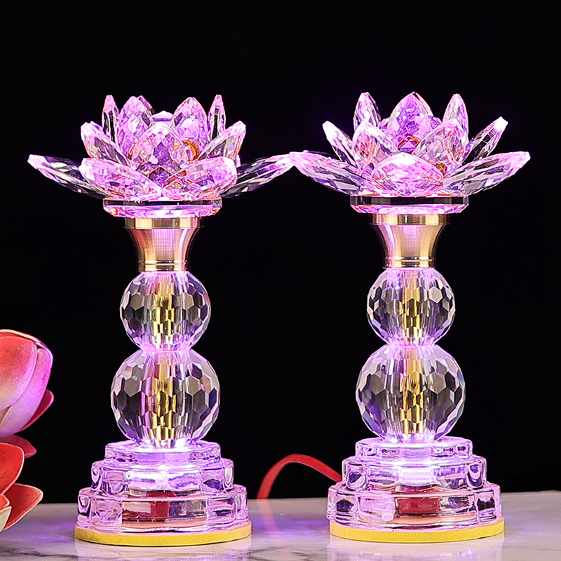 LED七彩水晶莲花灯家用长明佛供灯荷花灯佛台佛堂黄光财神灯一对