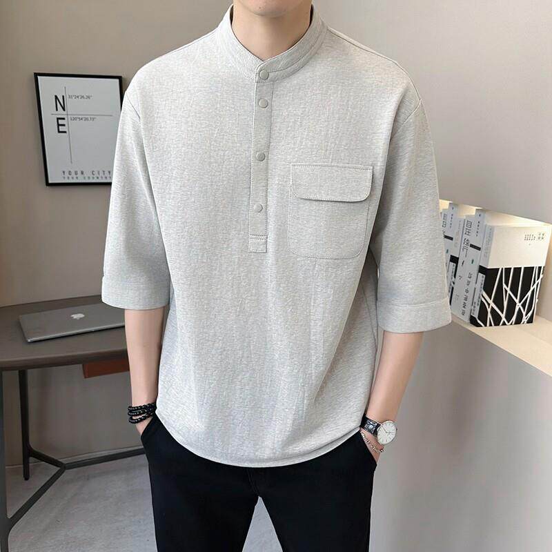 立领七分袖衬衫男士短袖t恤夏季亚麻中式棉麻中国风套头衬衣服男