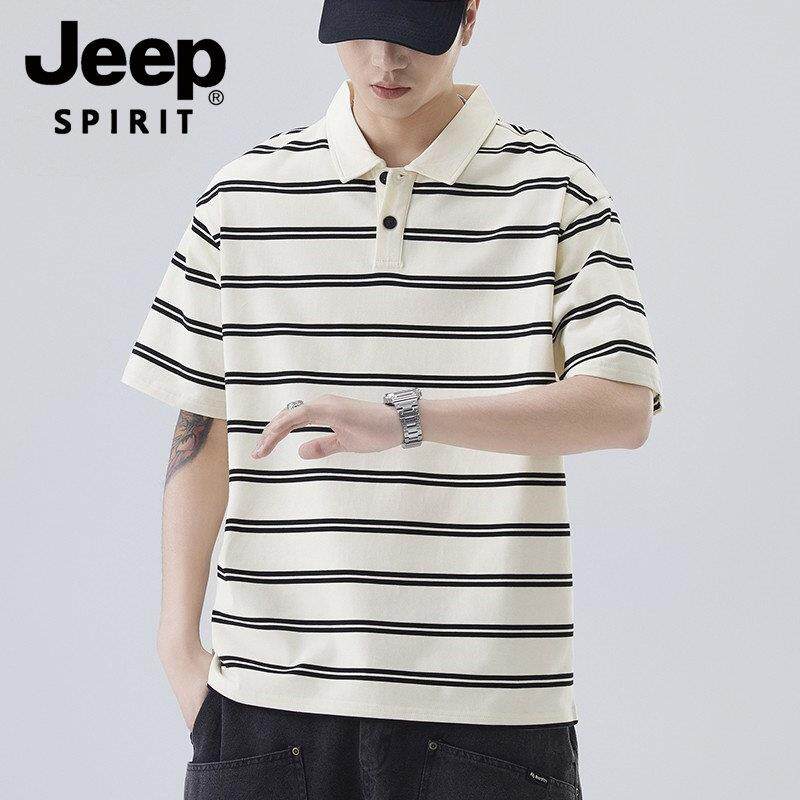 JEEP SPIRIT吉普翻领短袖T恤男士POLO衫夏季宽松休闲条纹上衣薄款