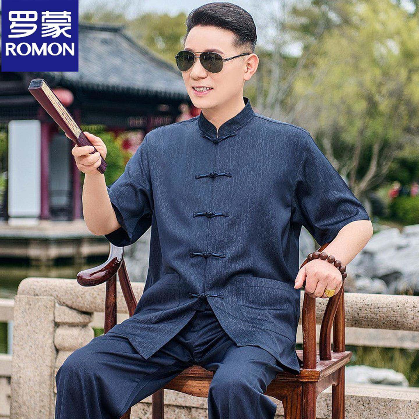 罗蒙中老年唐装爸爸短袖套装爷爷新中式国风衣服男2026新款两件套