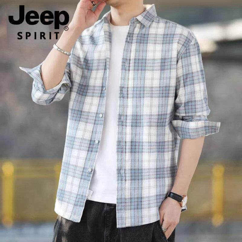 JEEP SPIRIT吉普纯棉长袖格子衬衫男士春夏季潮流打底衬衣外套男