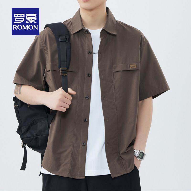 罗蒙夏季短袖衬衫男士薄款时尚休闲衬衣2025新款纯棉宽松纯色上衣