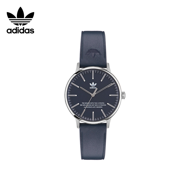 adidas originals阿迪达斯三叶草官方不锈钢皮革表带石英手表男士