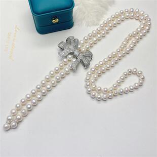 网红热推韩式微镶鋯石项链蝴蝶结款淡水珍珠毛衣链长项链