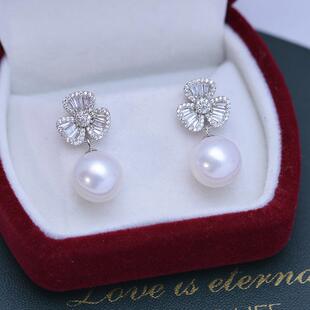 淡水10-11mm大白紫色正圆强光细微瑕珍珠耳钉耳坠S925银花朵耳饰