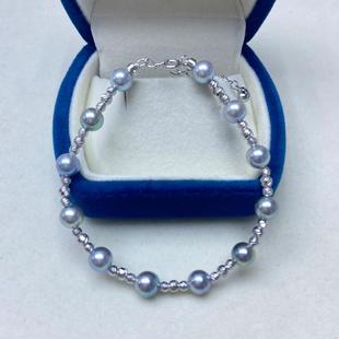 海水真多麻无调色蓝灰珍珠强光正圆6-7mmS925银可调节爱心手链批