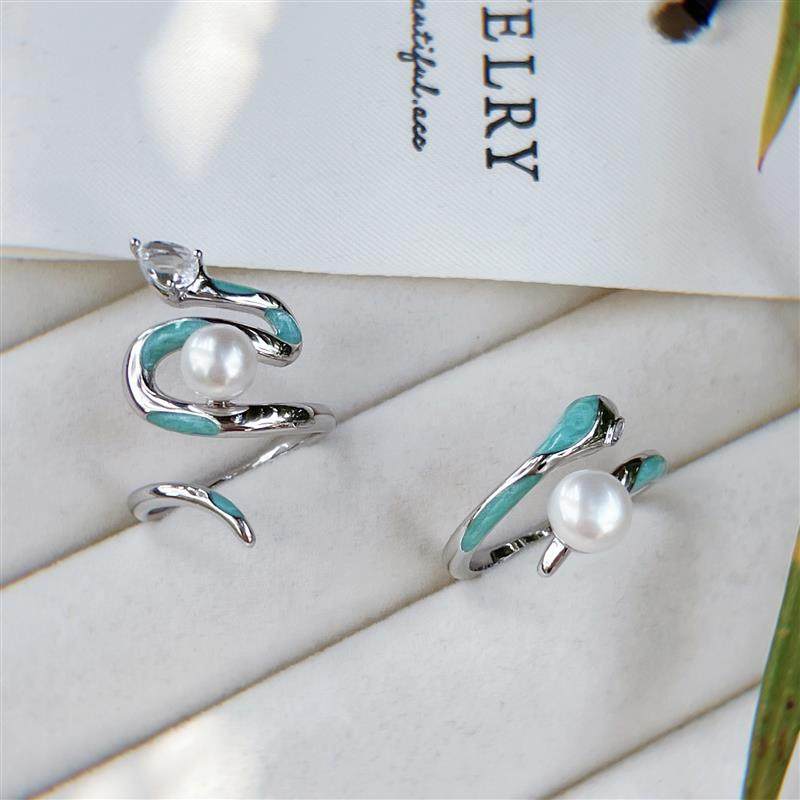 紫月 冰川蓝珐琅蛇戒tian然淡水珍珠本命年个性时尚开口可调戒指