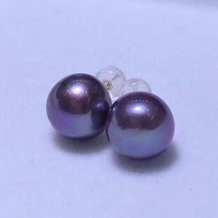 源头工厂淡水珍珠爱迪生白色紫色9-10mm强光细微暇S925银耳钉批发