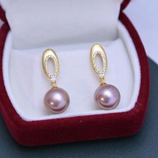 淡水11-12mm正圆强光细微瑕紫色珍珠S925简约款女耳环耳钉