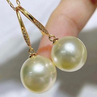 18k金南洋香槟金珍珠耳钩 12mm正圆原色海水干枯金珠耳环耳坠