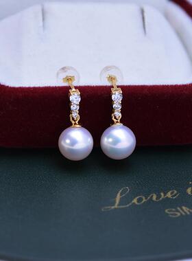 G18K金淡水8-9mm白色正圆强光几乎无瑕珍珠耳钉女三粒锆石款耳坠