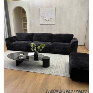 现代简约布艺黑色客厅极简设计师款 商务北欧三人别墅脚蹬组合沙发