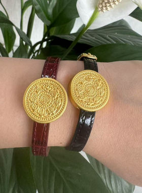 金包银经典八宝罗盘手表时尚皮带表盘情侣金色腕表送女友生日礼物