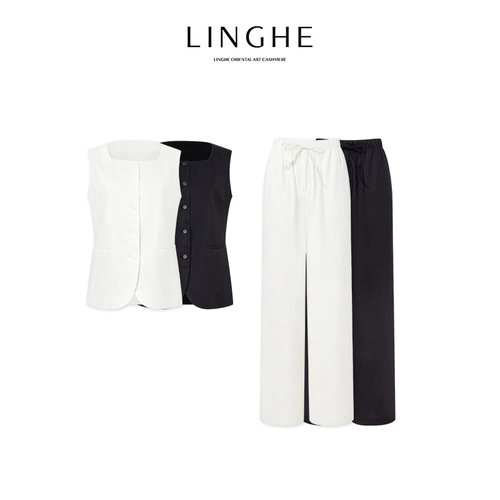 翎禾LINGHE-老钱风素典时尚套装方领收腰马甲+阔腿裤