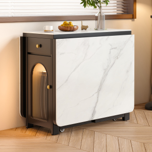 中古风岩板折叠餐桌新中式家用小户型可伸缩黑色复古实木新型饭桌