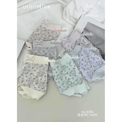 翘秘5394女超薄无痕内裤天昀风小猫印花冰丝透气少女三角裤蝴蝶结