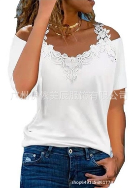 312#2022亚马逊欧美跨境女装夏季新款V领蕾丝花边漏肩短袖休闲T恤