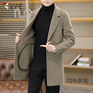 啄木鸟中长款双面呢外套男士秋冬季羊绒大衣休闲毛呢男款风衣