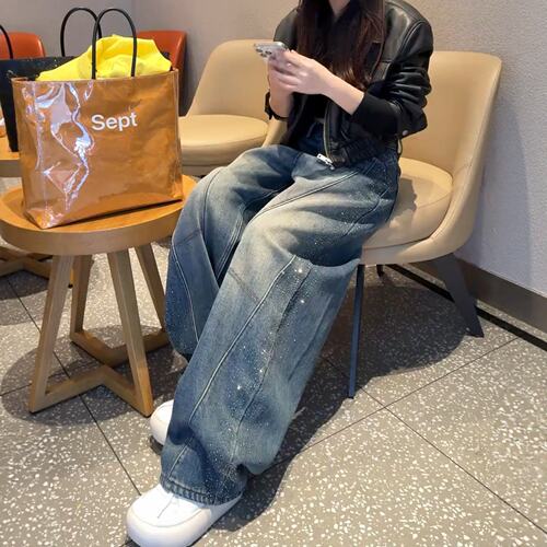 烫钻弯刀牛仔裤女春季2026年新款阔腿裤大码胖mm梨型身材直筒裤子