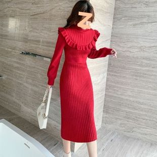 裙子女秋冬轻奢名媛气质女神范针织连衣裙设计感小众中长款毛衣裙