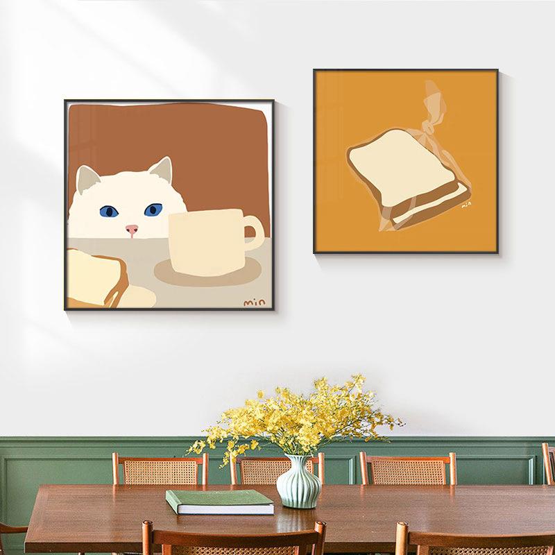 可爱喵现代客厅挂画偷喝牛奶的猫咪装饰画厨房壁画北欧墙面置物架图片