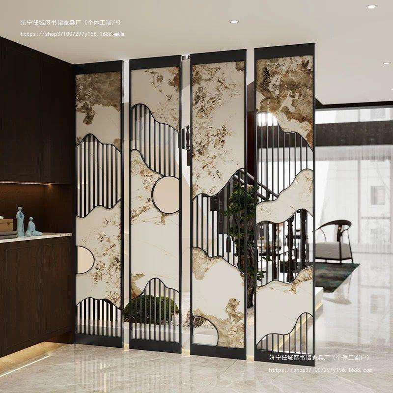 新中式水墨灯带玻璃屏风隔断茶室入户山水玄关餐厅客厅玄关隔断柜