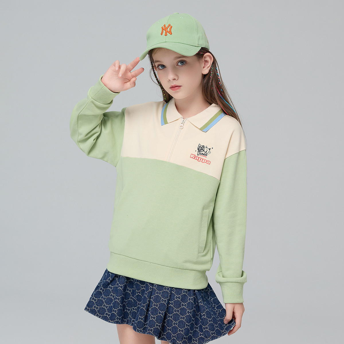 kappa卡帕儿童翻领卫衣2023秋新款女童休闲时尚衣服学生拼色上衣