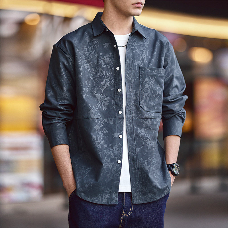 HS美式复古印花长袖衬衫男士2026年春季潮牌宽松休闲翻领衬衣外套