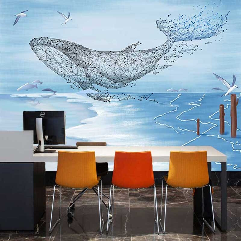 3d立体线条手绘鲸鱼墙纸客厅电视背景墙壁纸卧室抽象装饰壁画墙布图片