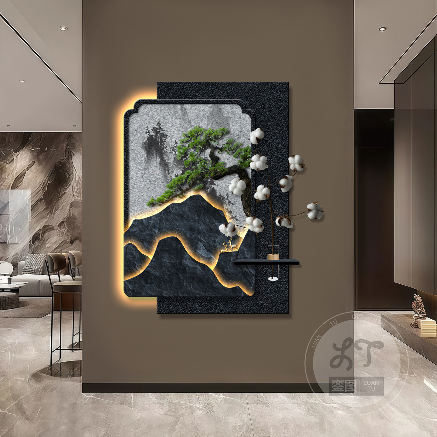 轻奢迎客松玄关装饰画高级感走廊