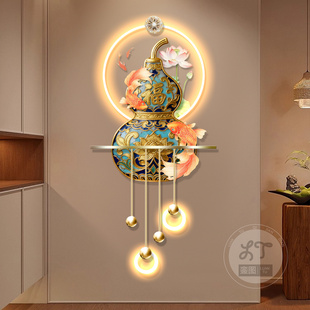 新中式福禄玄关装饰画珐琅彩葫芦挂画锦鲤荷花走廊立体发光壁画