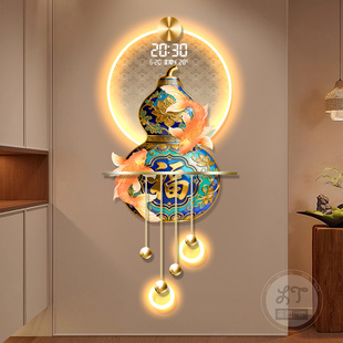 新中式福字玄关装饰画珐琅彩葫芦入户挂画万年历电子时钟立体灯画