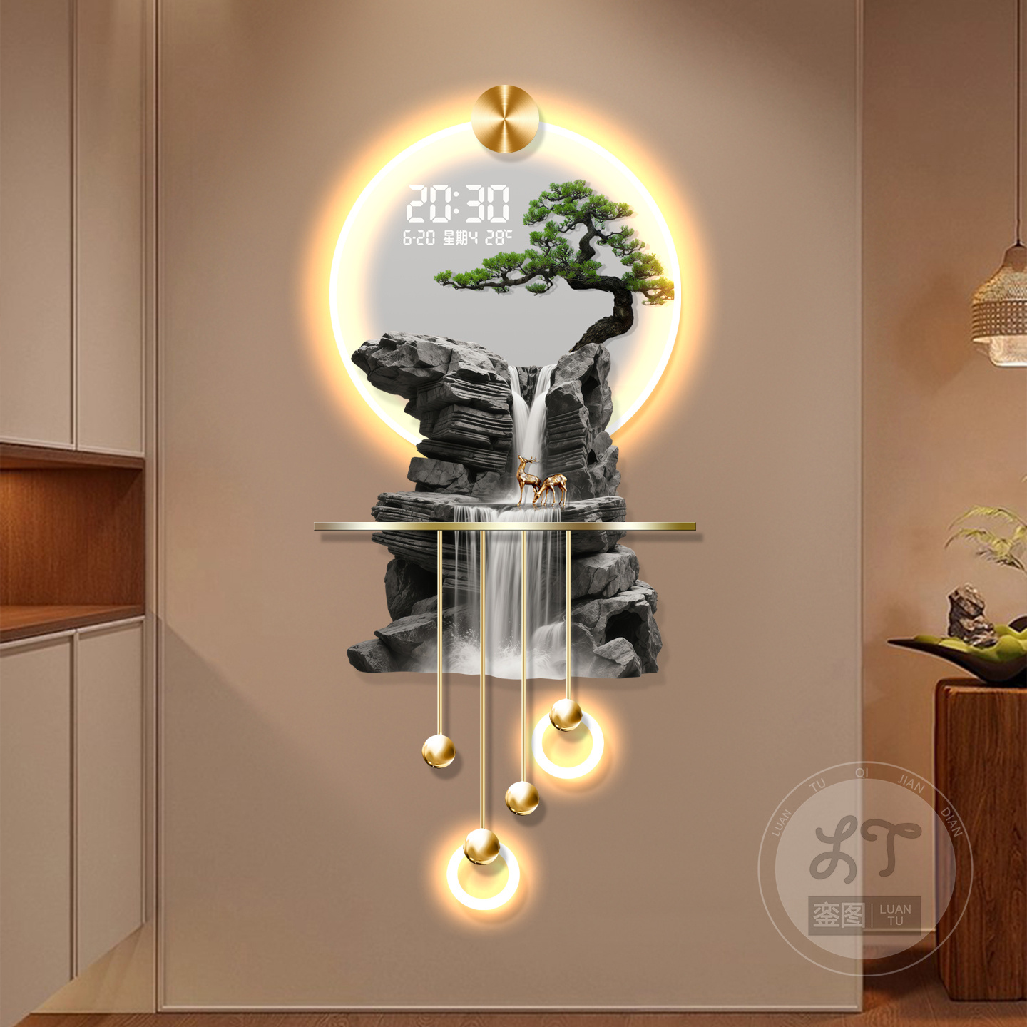 新中式迎客松玄关装饰画万年历