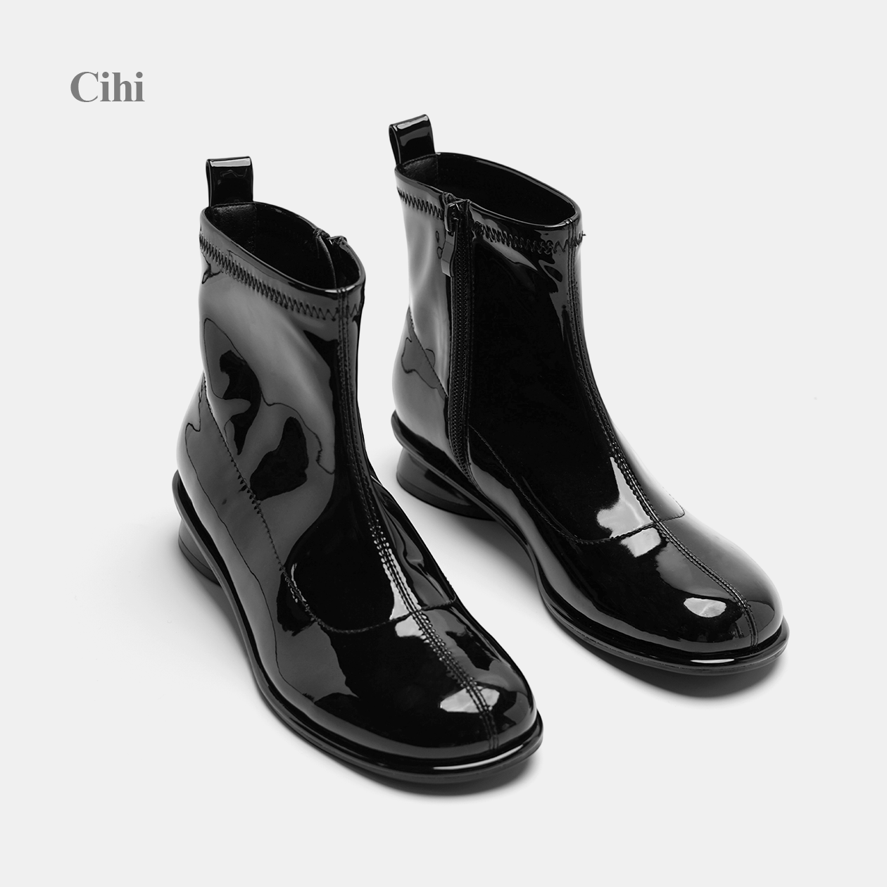 Cihi设计款黑色亮面漆皮气质女靴