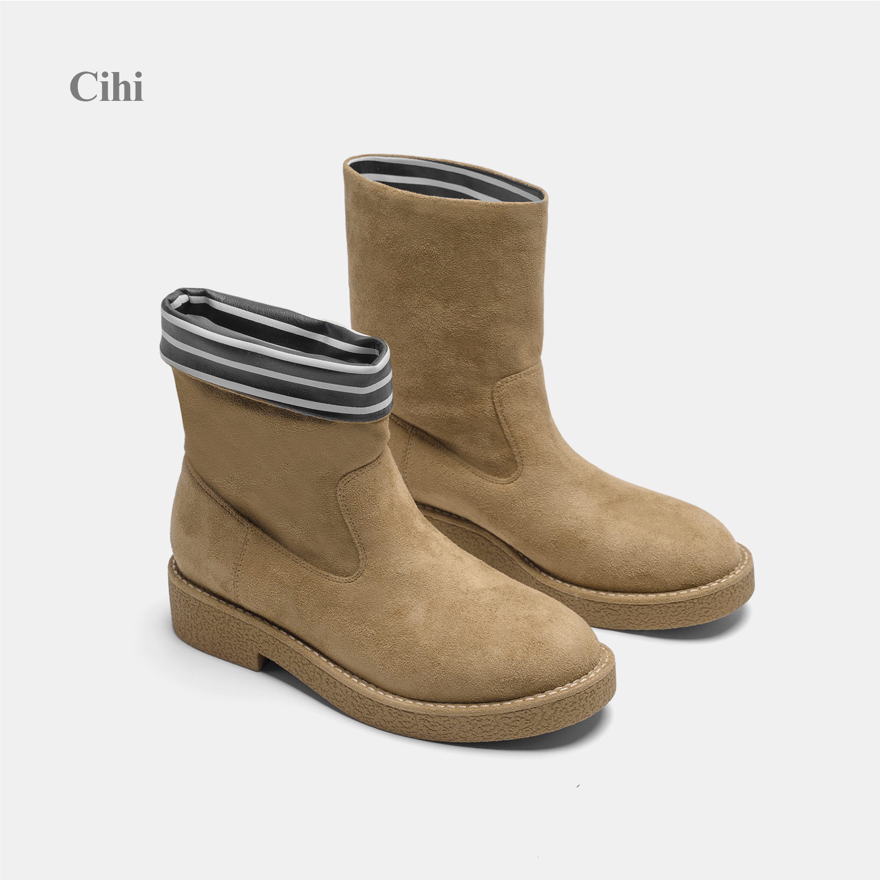 Cihi撞色条纹厚底粗跟中筒靴