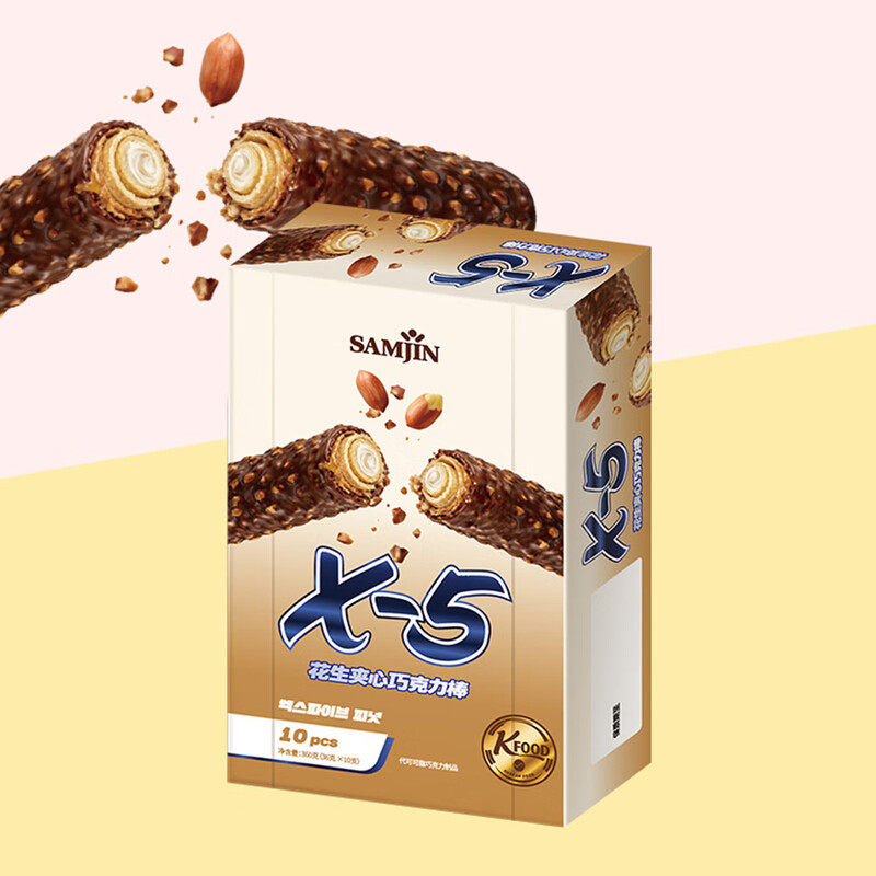 进口零食韩国三进X5花生夹心巧克力棒36g 原装进口休闲食品