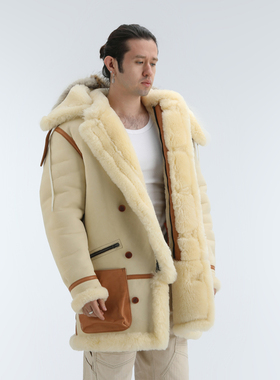 B7轰炸机羊皮毛一体加长皮衣RM咔叽裂纹绒面皮草狼毛领 非Cockpit