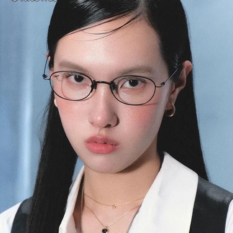 新款钛架超轻纯钛镜架女士椭圆框镜架半钛细边眼镜框近视架30911