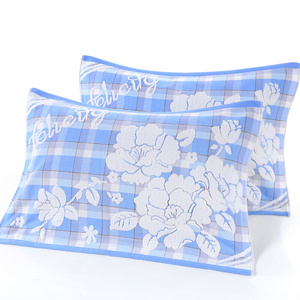 上海老式提花枕巾纯棉全棉一对加大加厚柔软枕头巾单人蓝色格子花